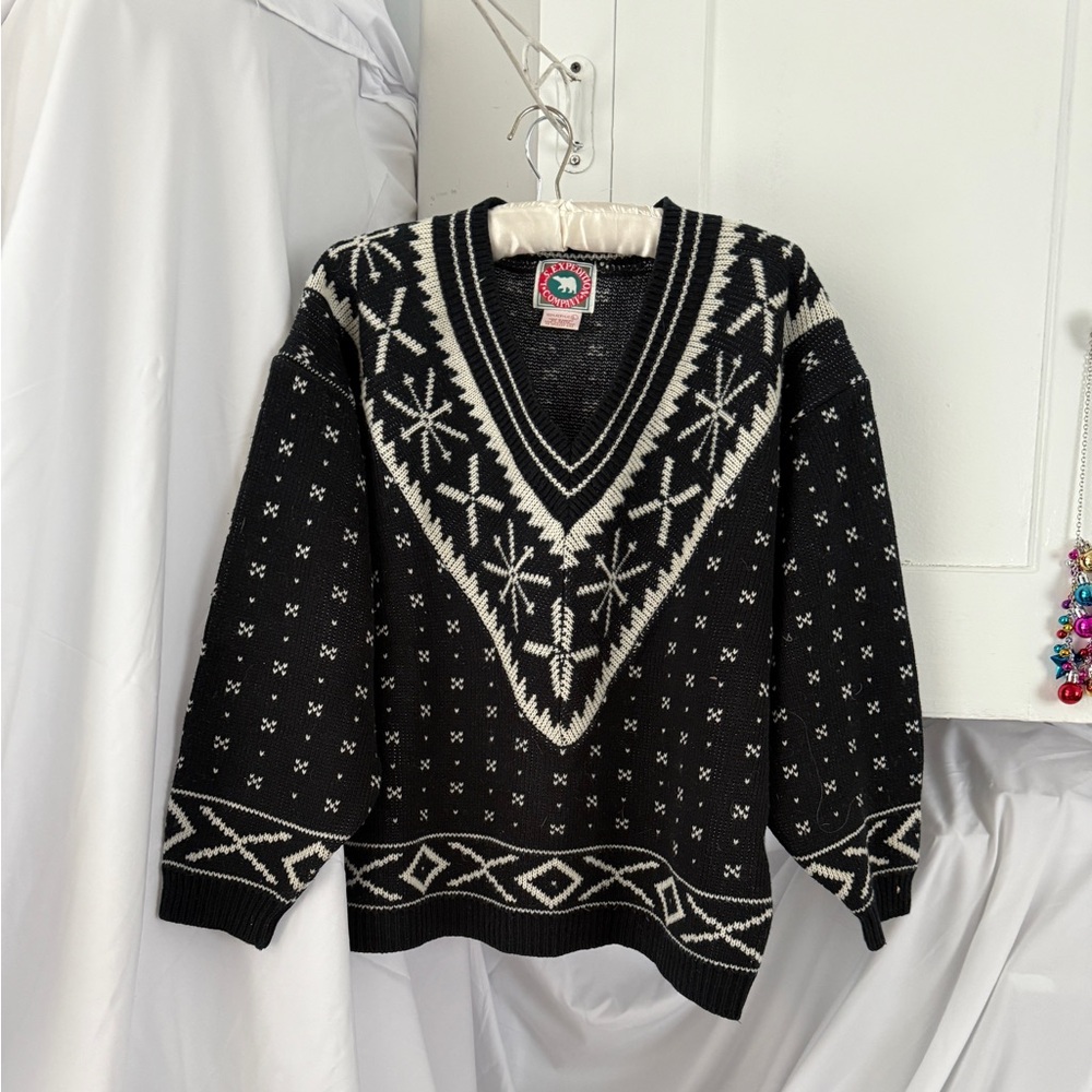 Vintage Black and White V-Neck Sweater